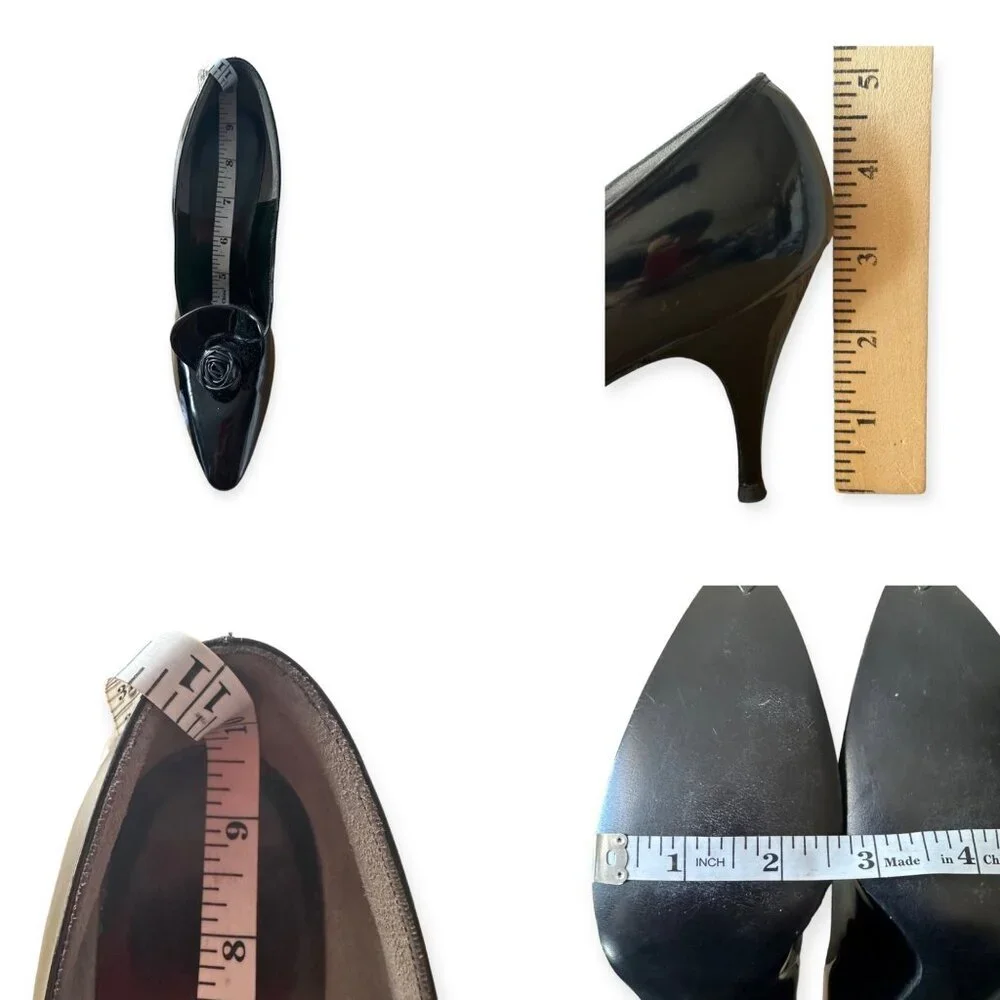 Vintage Herbert Levine Black Patent Pumps Rosette Detail 1950s -1960s Size 6 AAA